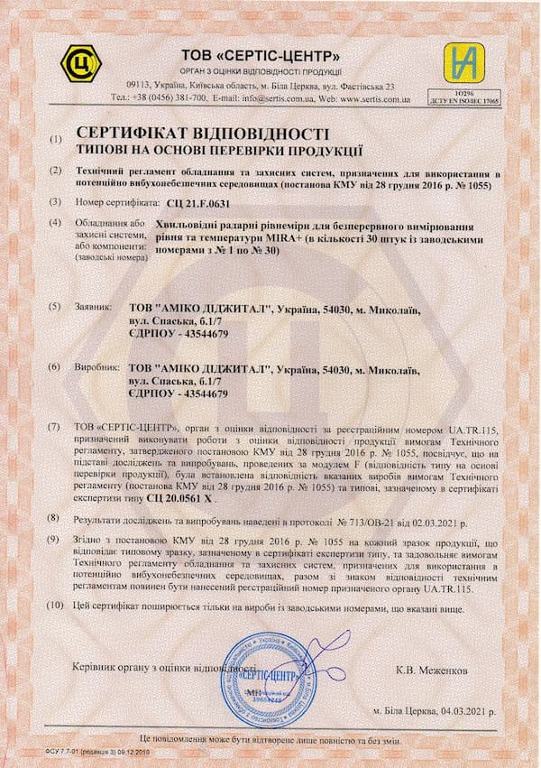 Отримано сертифікат відповідності на партію рівнемірів MIRA+™